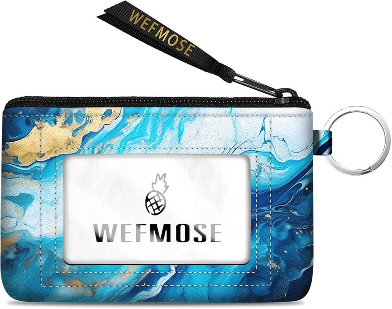 WEFMOSE Small Wallet Keychain with Clear ID Window Zipper Cute ID Case Coin Purse for Women Water Resistant Coin Pouch-Marble-Blue Keychain Wallet - Image 1